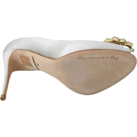 Dolce & Gabbana White Crystals Peep Toe Heels Satin Pumps Shoes