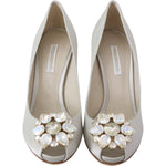 Dolce & Gabbana White Crystals Peep Toe Heels Satin Pumps Shoes