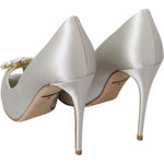 Dolce & Gabbana White Crystals Peep Toe Heels Satin Pumps Shoes