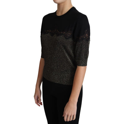 Dolce & Gabbana Black Shiny Lurex Lace Insert Pullover Top