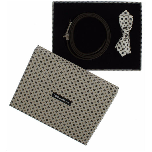 Dolce & Gabbana White Silk Bowtie Leather Men Belt Gift Box SIG18357-115