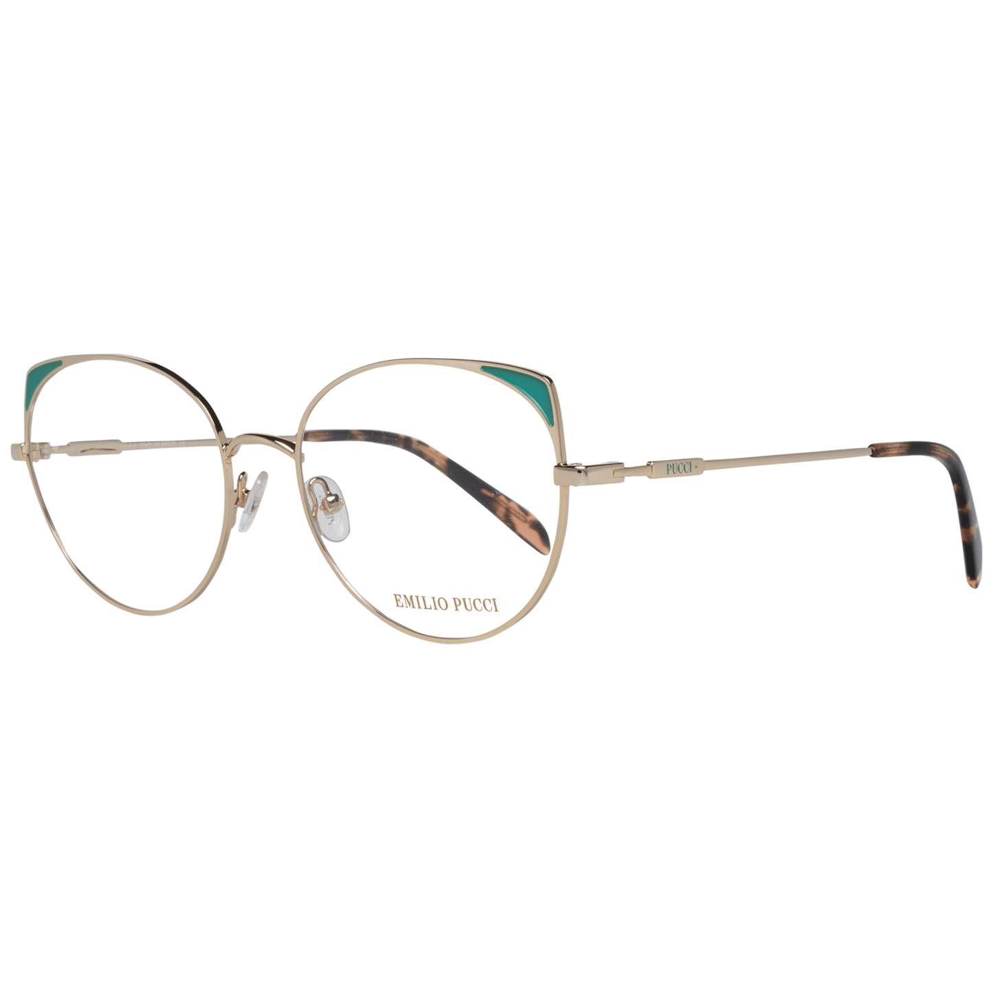 Emilio Pucci Gold Metal Glasses (Frames) in full-rim design for women with metal frames, size 54-17-140, includes branded case.