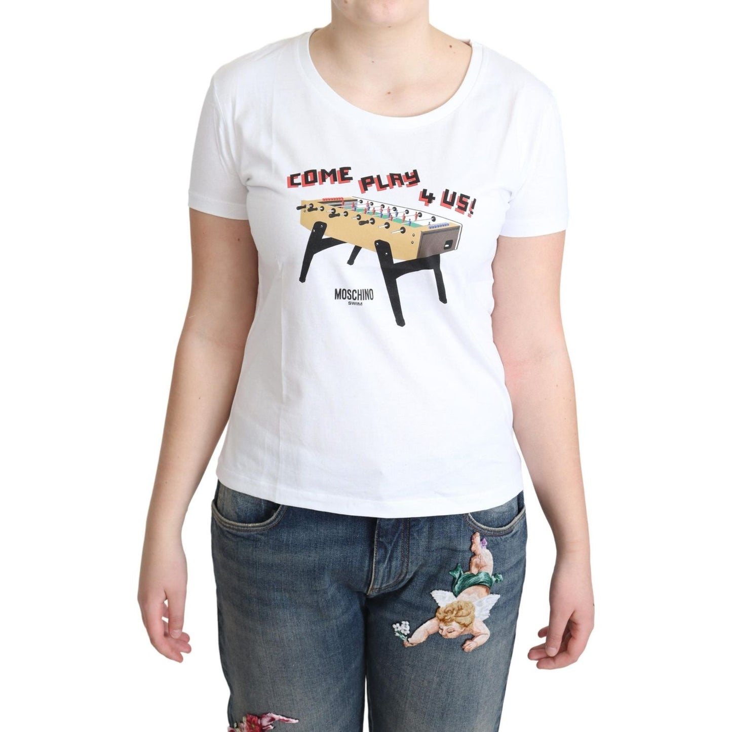 Moschino White Cotton Come Play 4 Us Print Tops T-shirt