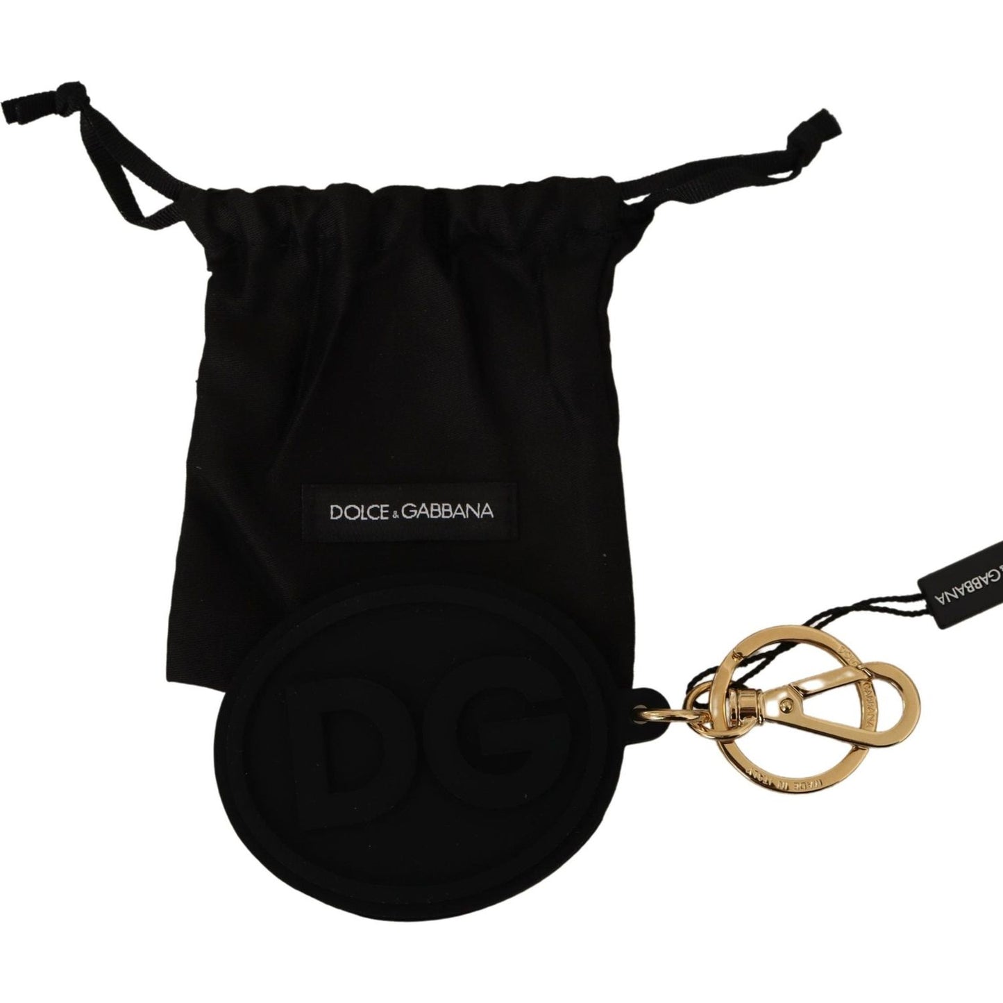 Dolce & Gabbana Black Rubber DG Logo Gold Brass Metal Keyring Keychain