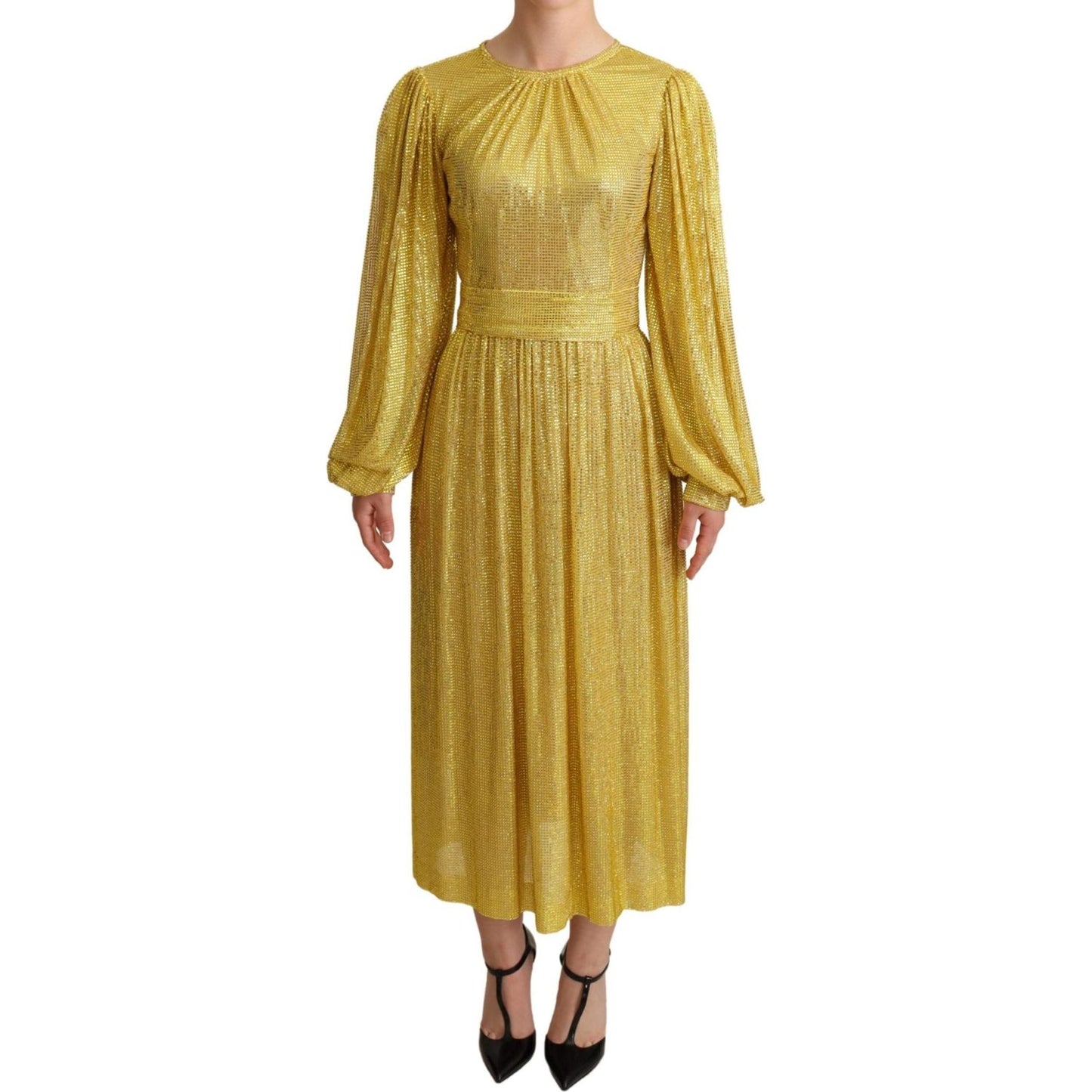 Dolce & Gabbana Yellow Crystal Mesh Pleated Maxi Dress DR2716 -38