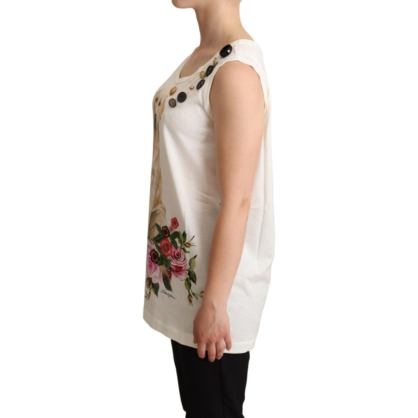 Dolce & Gabbana White Dog Floral Print Embellished T-shirt