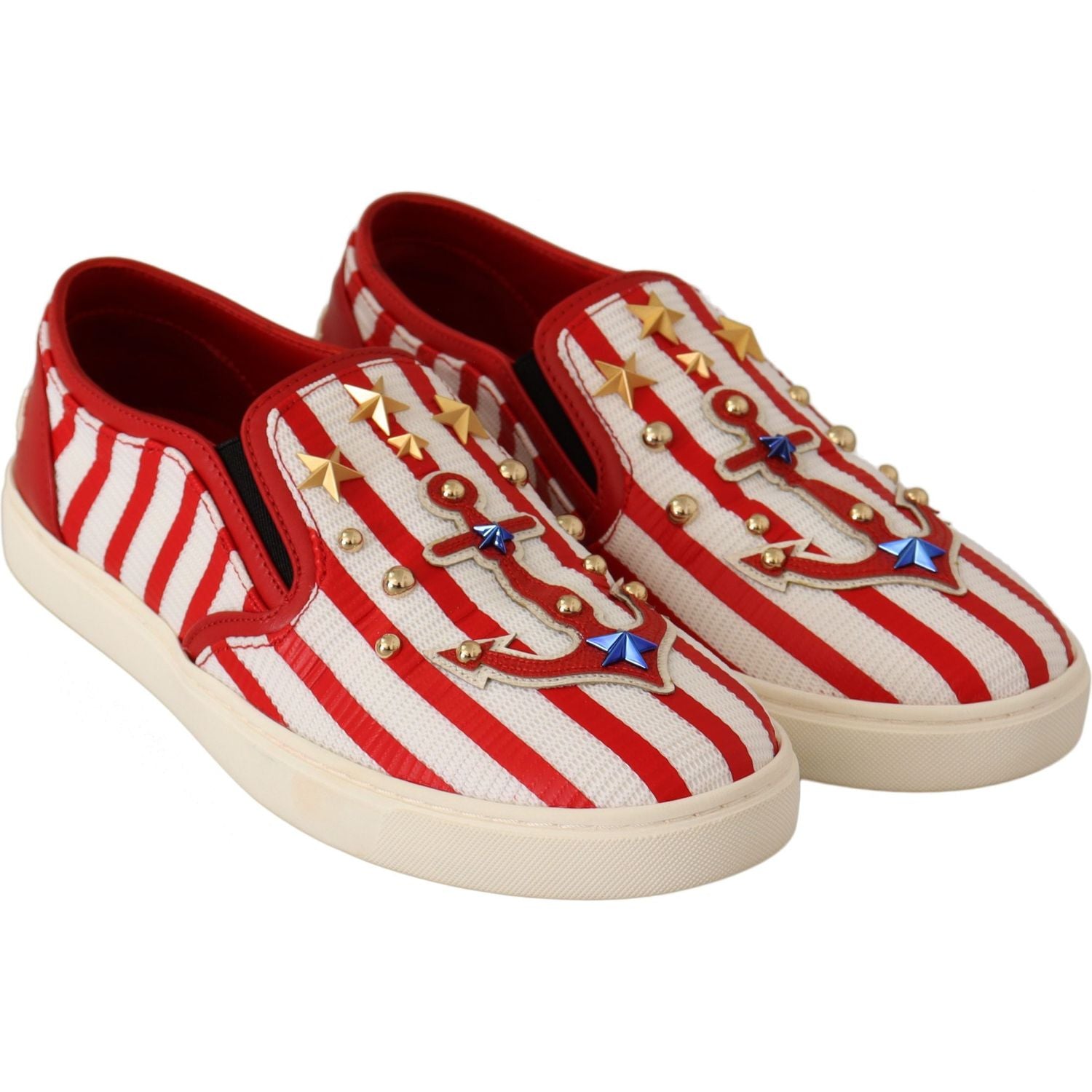 Dolce & Gabbana Red White Anchor Studded Loafers Shoes