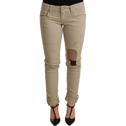 Acht Beige Denim Cotton Bottom Slim Fit Folded Pant