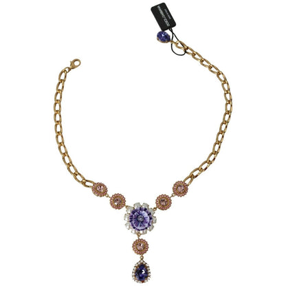 Dolce & Gabbana Pink Gold Brass Crystal Purple Pearl Pendants Necklace