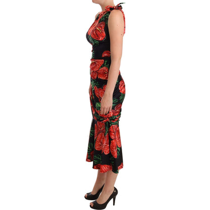 Dolce & Gabbana Black Shiny Silk Floral Print Draped Dress WOMAN DRESSES