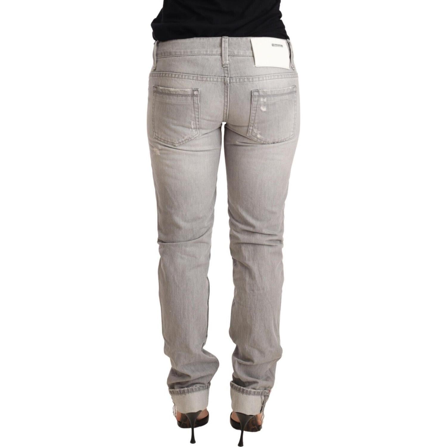 Acht Gray Tattered Cotton Slim Fit Folded Hem Women Denim Jeans