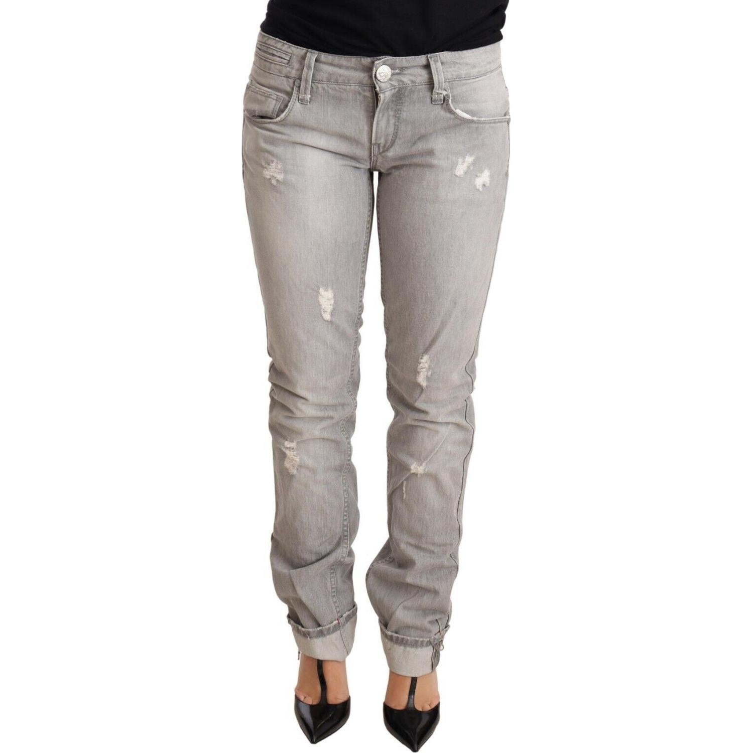 Acht Gray Tattered Cotton Slim Fit Folded Hem Women Denim Jeans