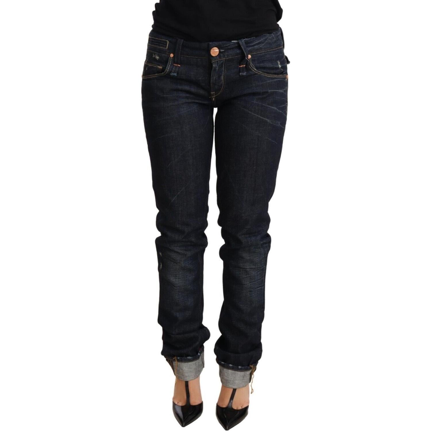 Acht Dark Blue Cotton Slim Fit Folded Hem Women Denim Trouser Jeans