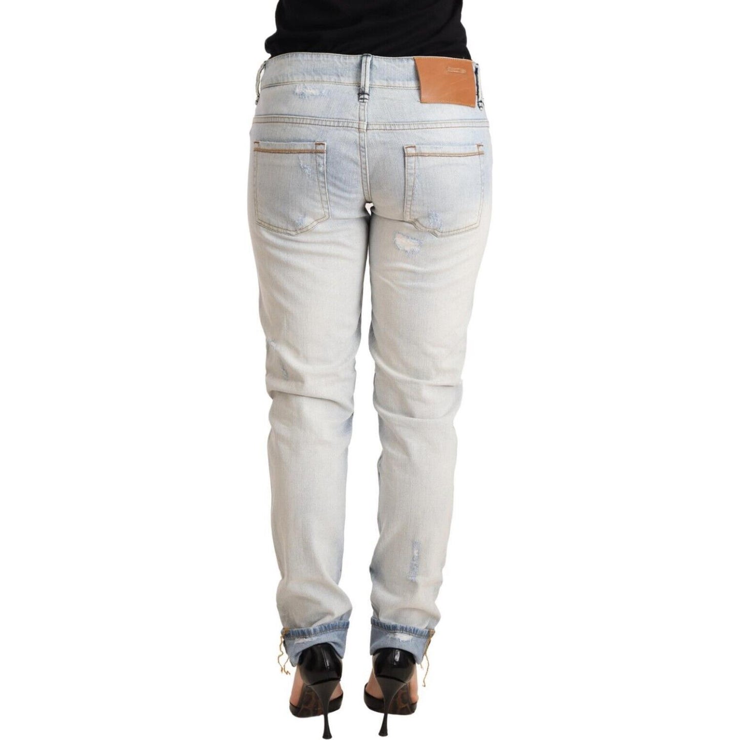 Acht Light Blue Distressed Cotton Folded Hem Denim Trouser Jeans
