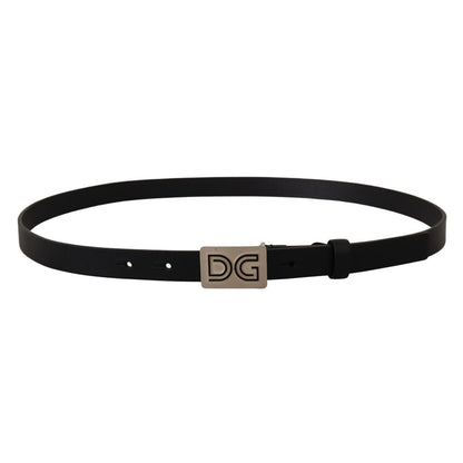 Dolce & Gabbana Black Leather Silver DG Logo Buckle Belt