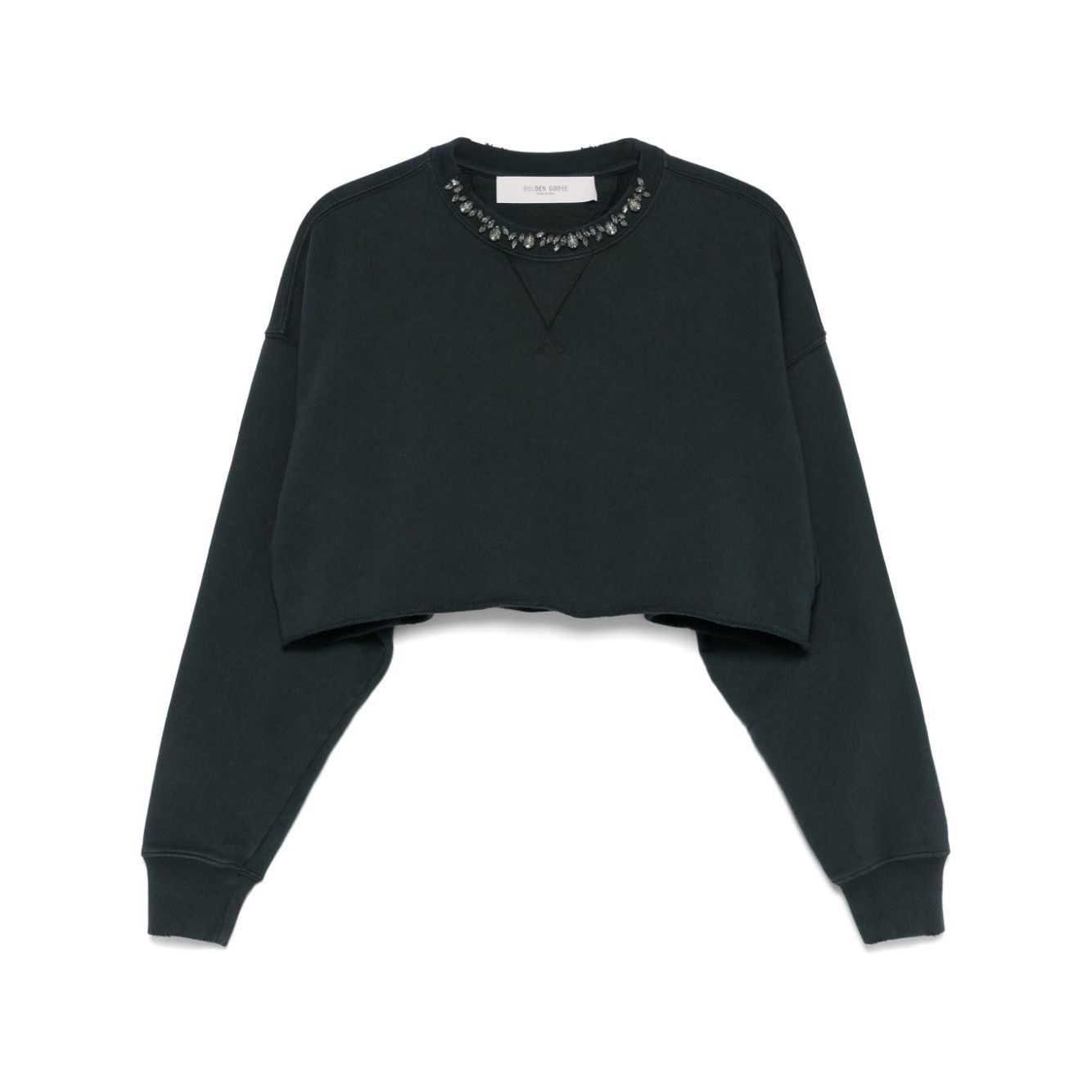Golden Goose Cropped Cotton Sweatshirt with Crystals on the Front