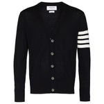 Navy blue Thom Browne sweaters with button fastening and 4-Bar stripe design, featuring side slits and long sleeves.