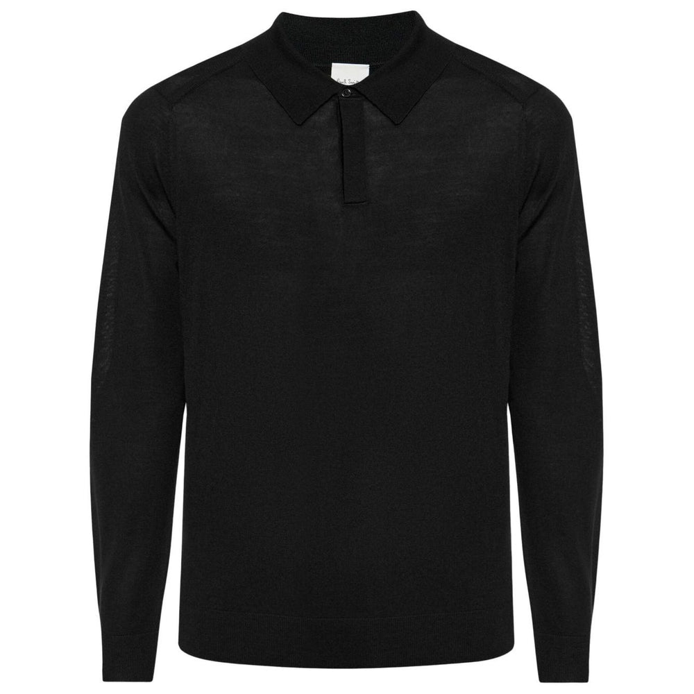 Paul Smith T-shirts and Polos Black, long-sleeved wool polo shirt with front button fastening and ribbed cuffs.
