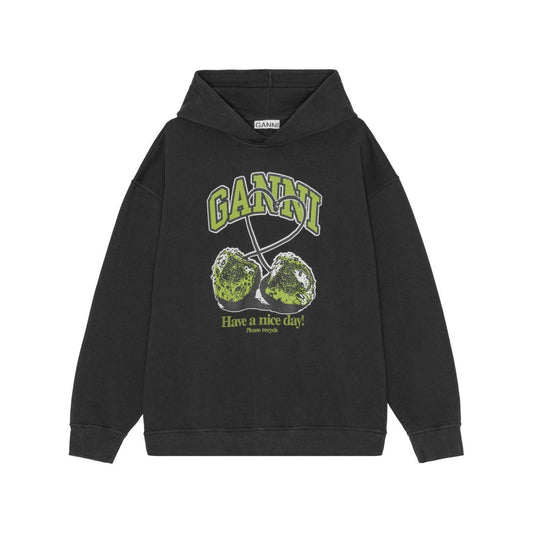 GANNI Sweaters Grey - Black classic hoodie with drop shoulder, long sleeves, and cherry graphic in organic cotton.
