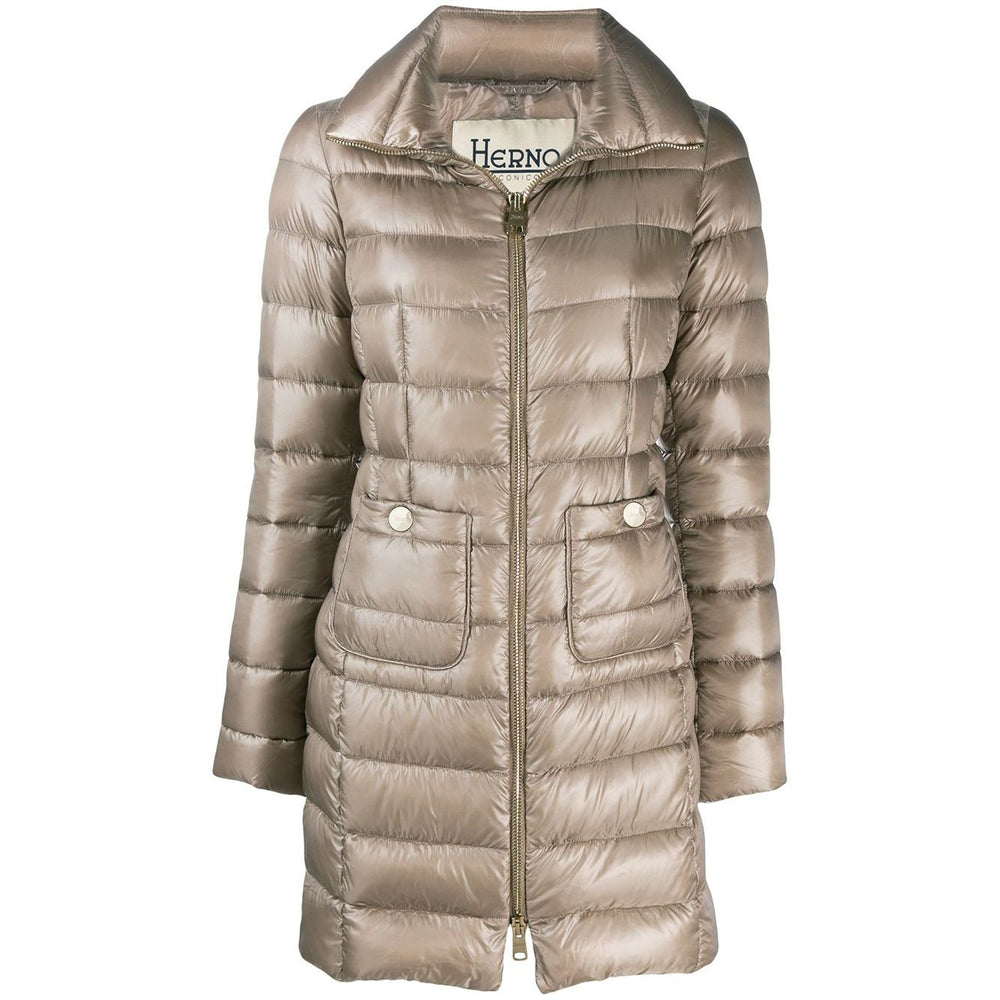 Herno Coats Dove Grey Maria midi down jacket with natural feather down, front zip, long sleeves, patch pockets, and padded interior.