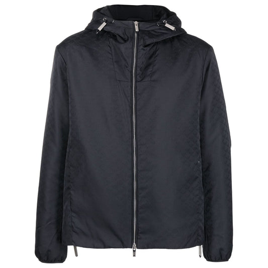 Emporio Armani Coats Blue - navy blue nylon jacket with monogram, silver-tone hardware, drawstring hood, and two-way zip fastening.