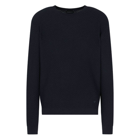 Emporio Armani Sweaters Blue dark waffle knit wool crewneck jumper with long sleeves and straight hem.