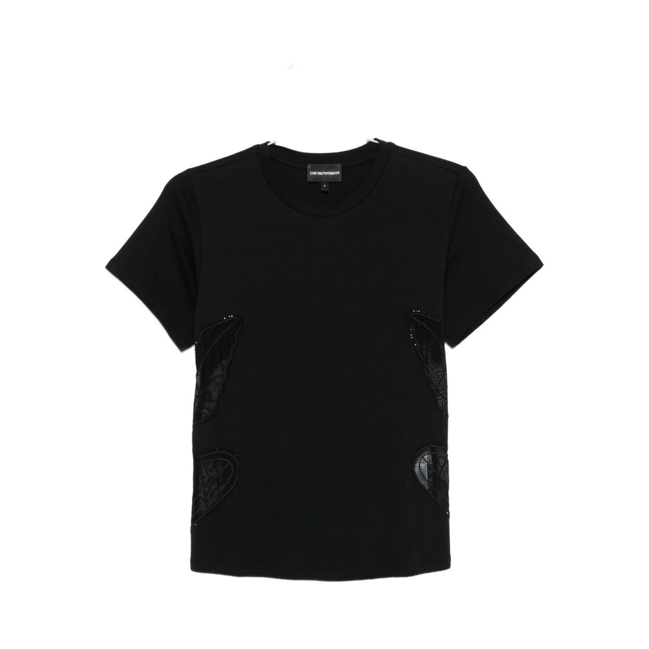 Emporio Armani T-shirts and Polos Black, short sleeves, round neck, butterfly embellishment, quilted logo, cotton.