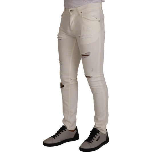 Dolce & Gabbana White Tattered Skinny Cotton Men Denim Jeans