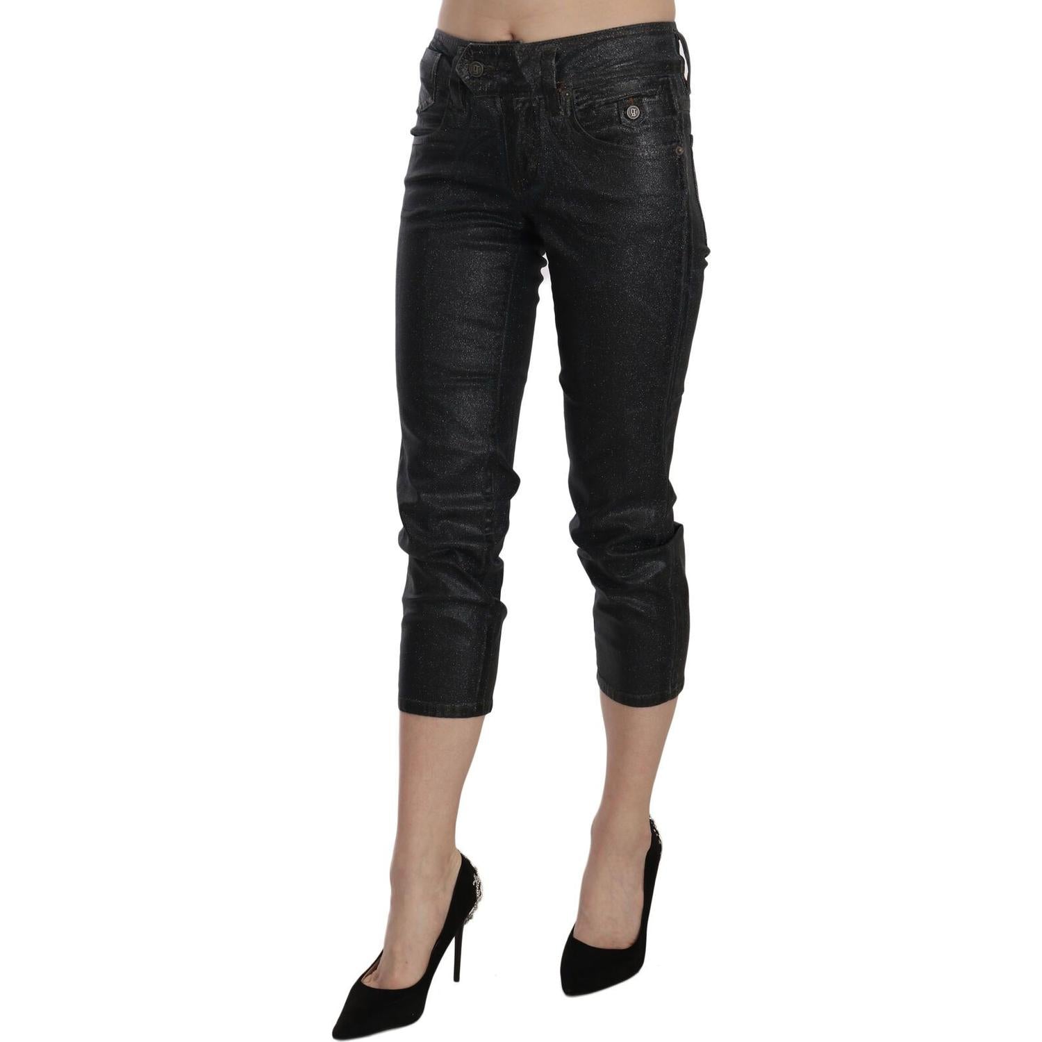 John Galliano Black Washed Mid Waist Slim Leg Cropped Denim Pants