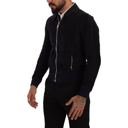 Dolce & Gabbana Blue Suede Lambskin Leather Coat Jacket