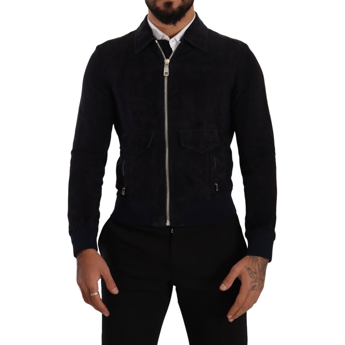 Dolce & Gabbana Blue Suede Lambskin Leather Coat Jacket