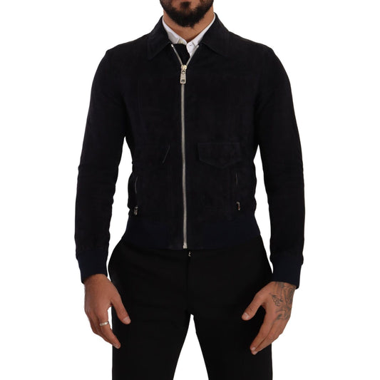 Dolce & Gabbana Blue Suede Lambskin Leather Coat Jacket