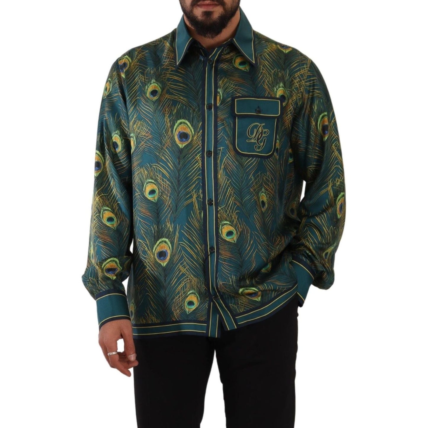 Dolce & Gabbana Peacock Feather Print Silk Pajama Mens Shirt
