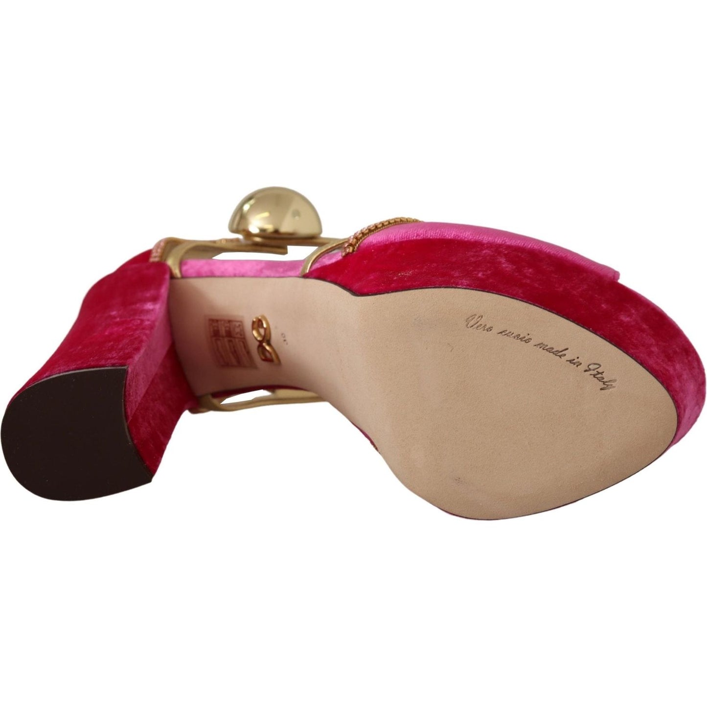 Dolce & Gabbana Pink Velvet Crystal Ankle Strap Sandals Shoes
