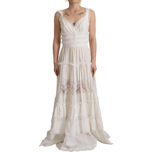 Dolce & Gabbana White Cotton Tiered Long Maxi A-line Dress