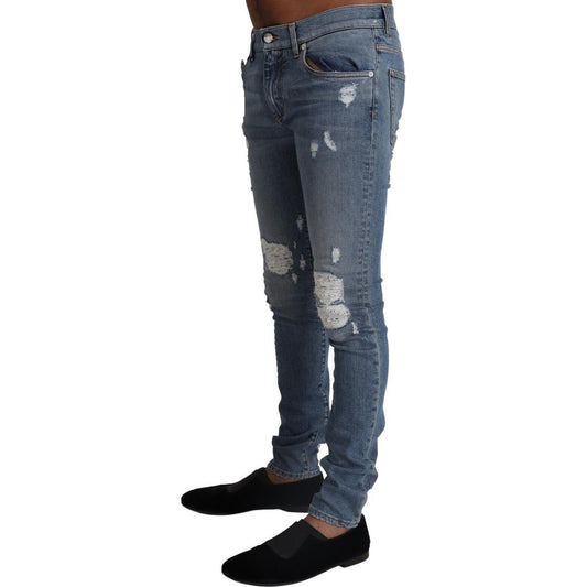 Dolce & Gabbana Light Blue Tattered Cotton Denim Skinny Jeans