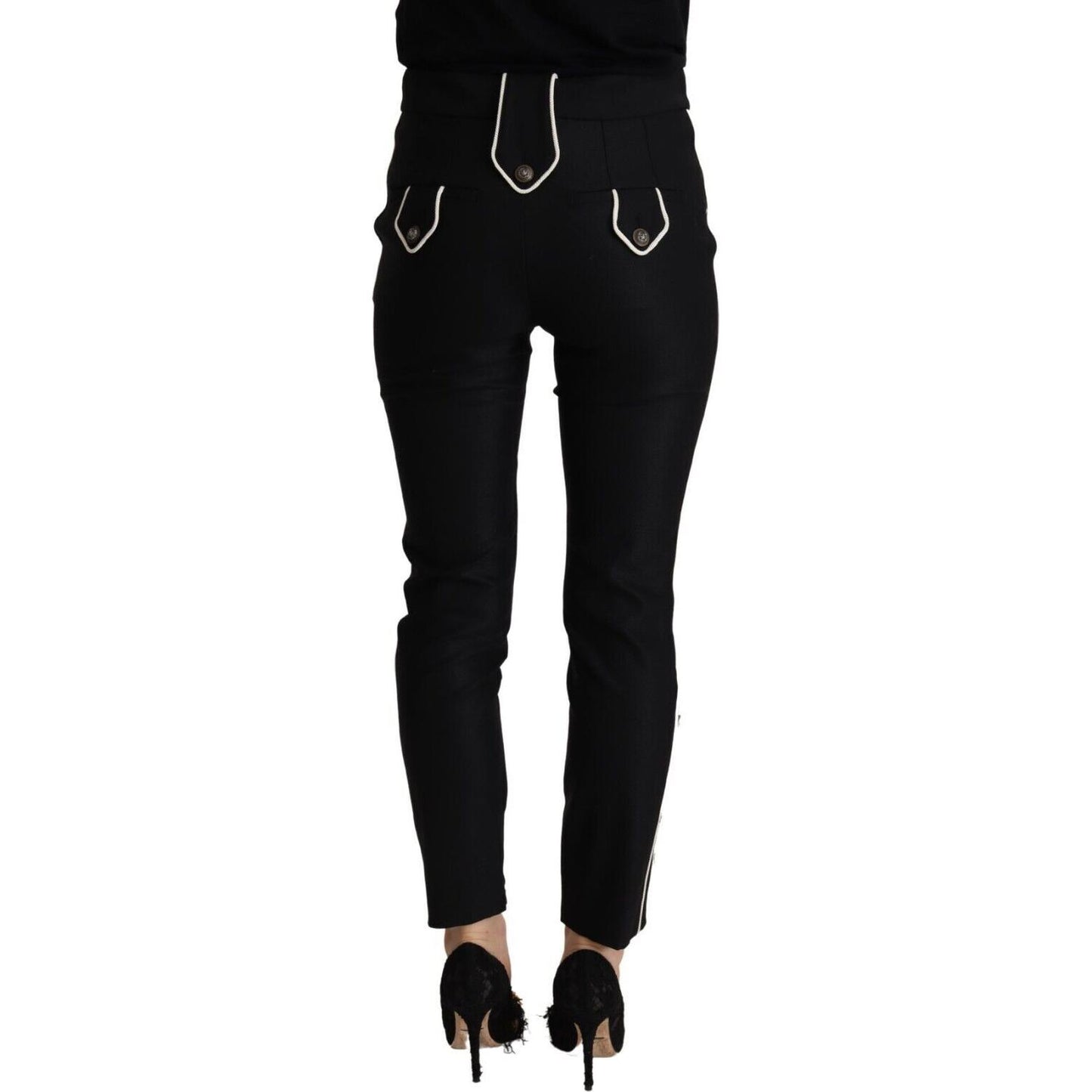 Dolce & Gabbana Black Mid Waist Button Embellished Slim Fit Pants