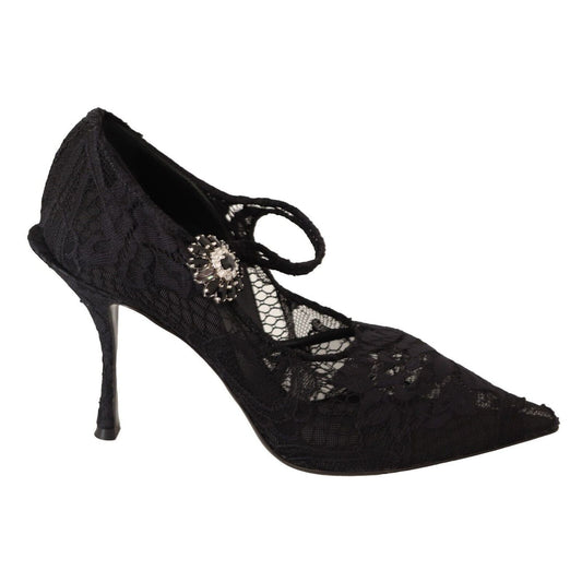 Dolce & Gabbana Black Lace Crystals Heels Mary Jane Pumps Shoes