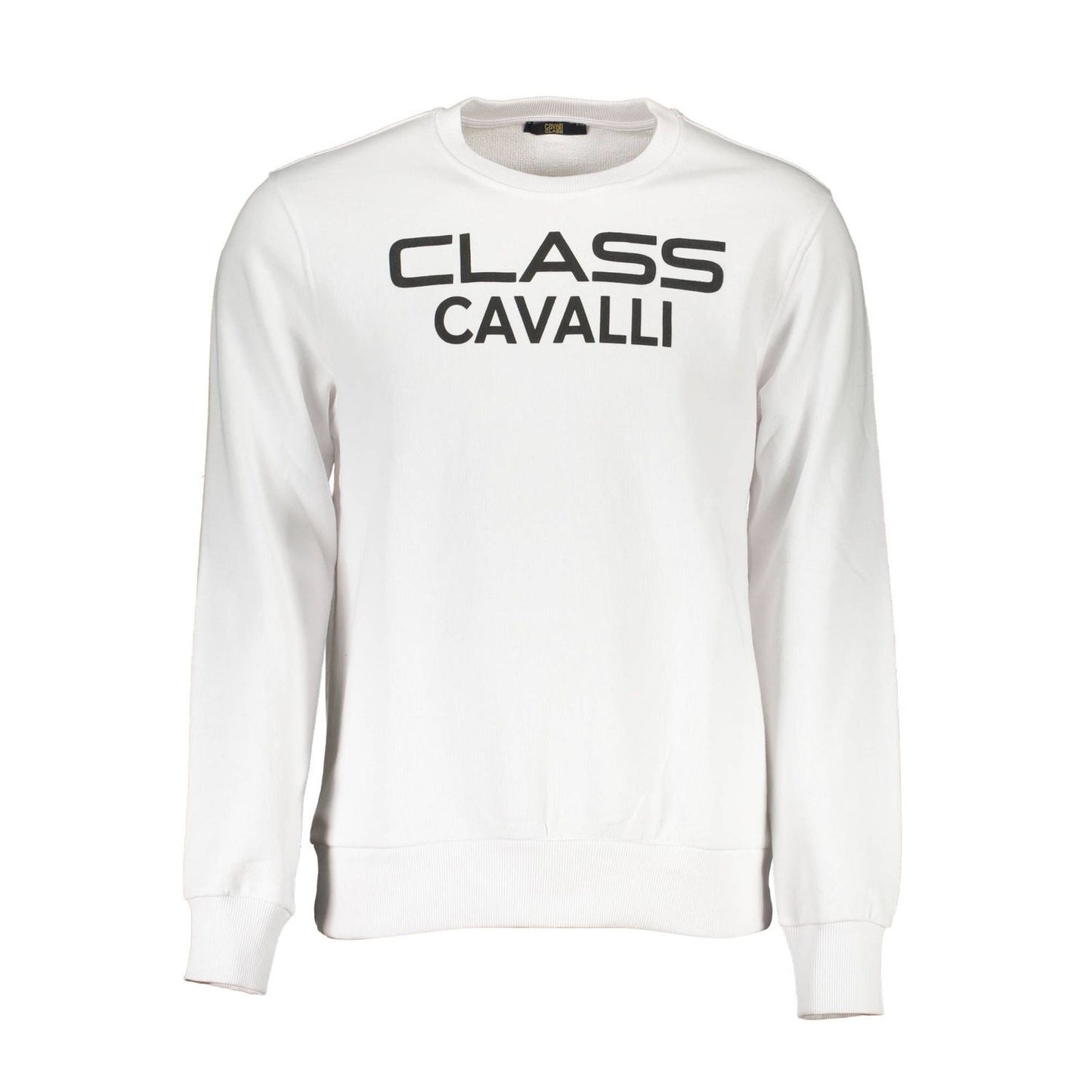 Cavalli Class White Cotton Men Sweater featuring bold logo and long sleeves, epitome of casual chic fashion.