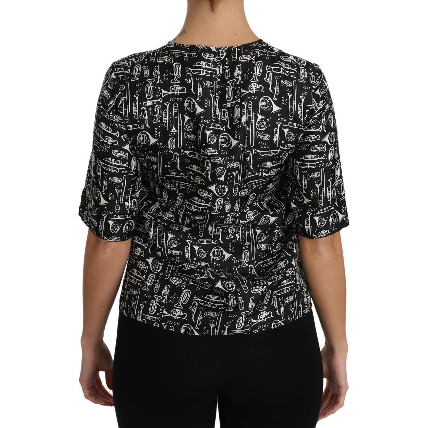 Dolce & Gabbana Black Musical Instruments Print Silk Blouse