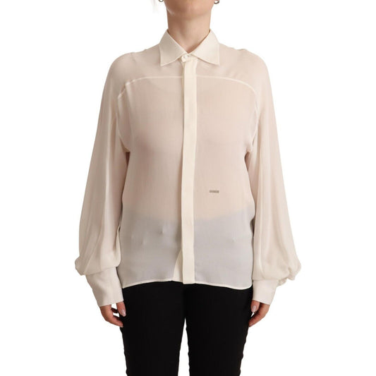 Dsquared² Off White Silk Long Sleeves Collared Blouse Top