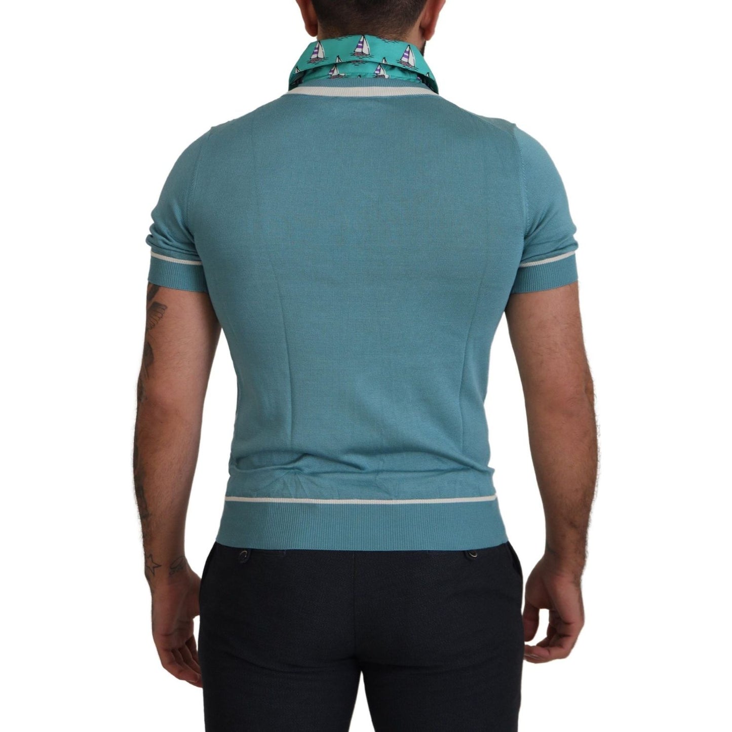 Dolce & Gabbana Blue Silk Polo Top Mens V-neck T-shirt
