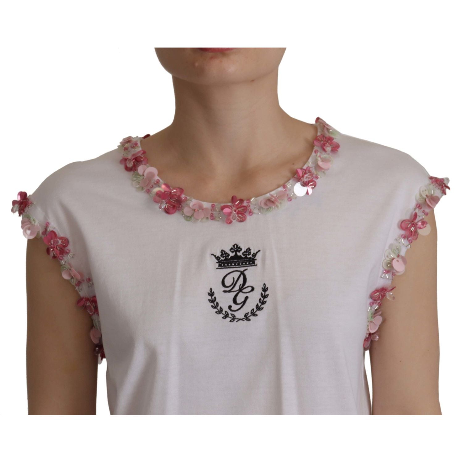 Dolce & Gabbana White DG Crown Floral Sequin T-shirt