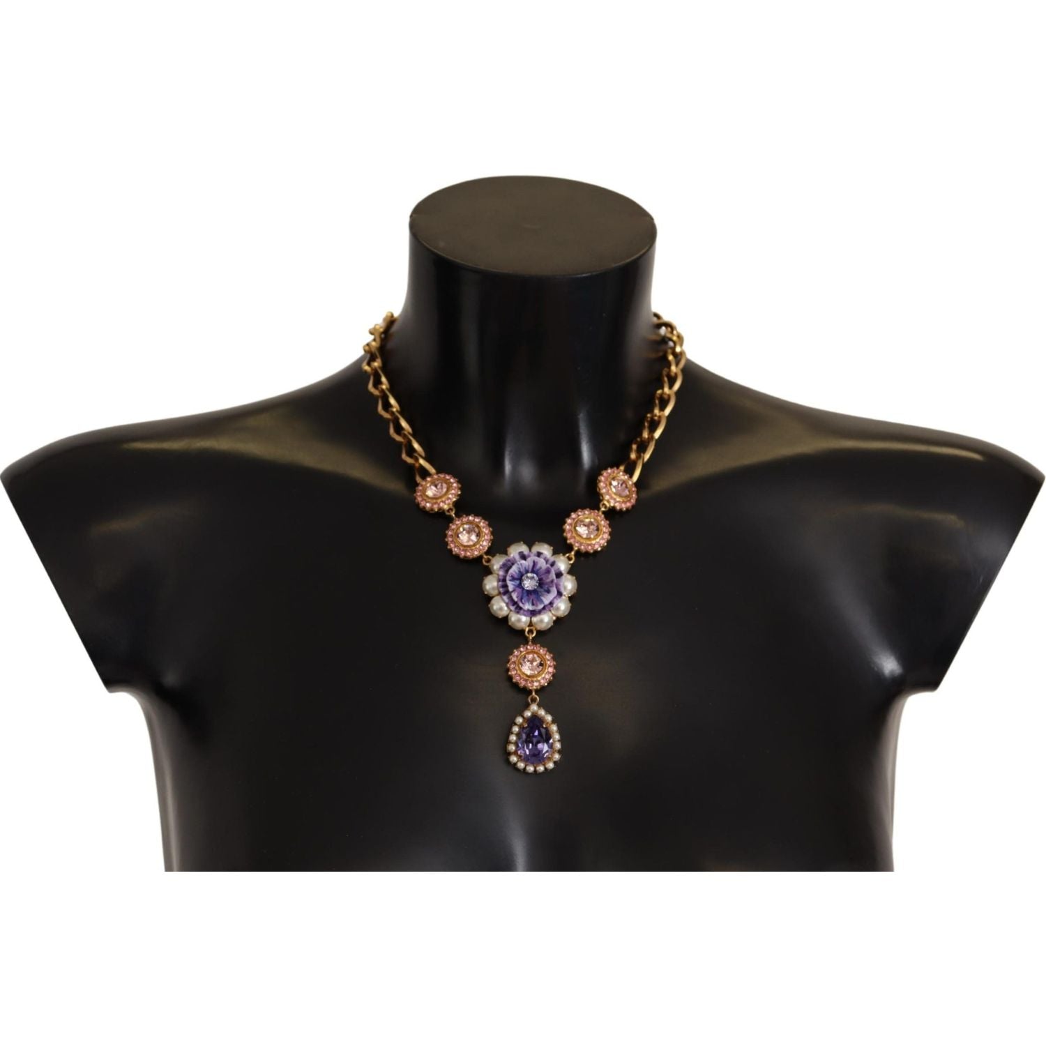 Dolce & Gabbana Gold Brass Crystal Purple Pink Pearl Pendants Necklace