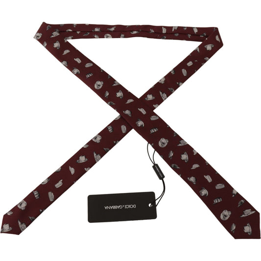 Dolce & Gabbana Maroon Hat Pattern 100% Silk Adjustable Accessory Tie