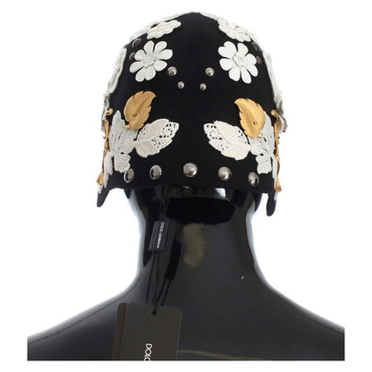 Dolce & Gabbana Black Wool White Floral Gold Leaf Hat Hat