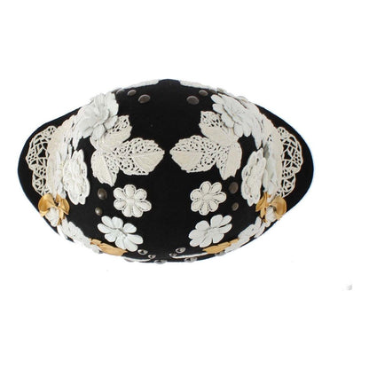 Dolce & Gabbana Black Wool White Floral Gold Leaf Hat Hat