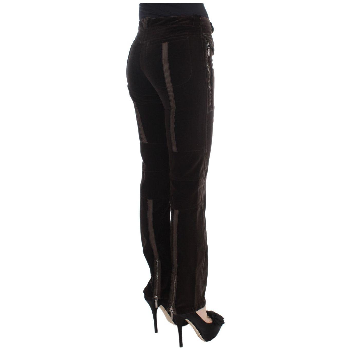 Ermanno Scervino Brown Cotton Velvet Zippers Slim Fit Pants