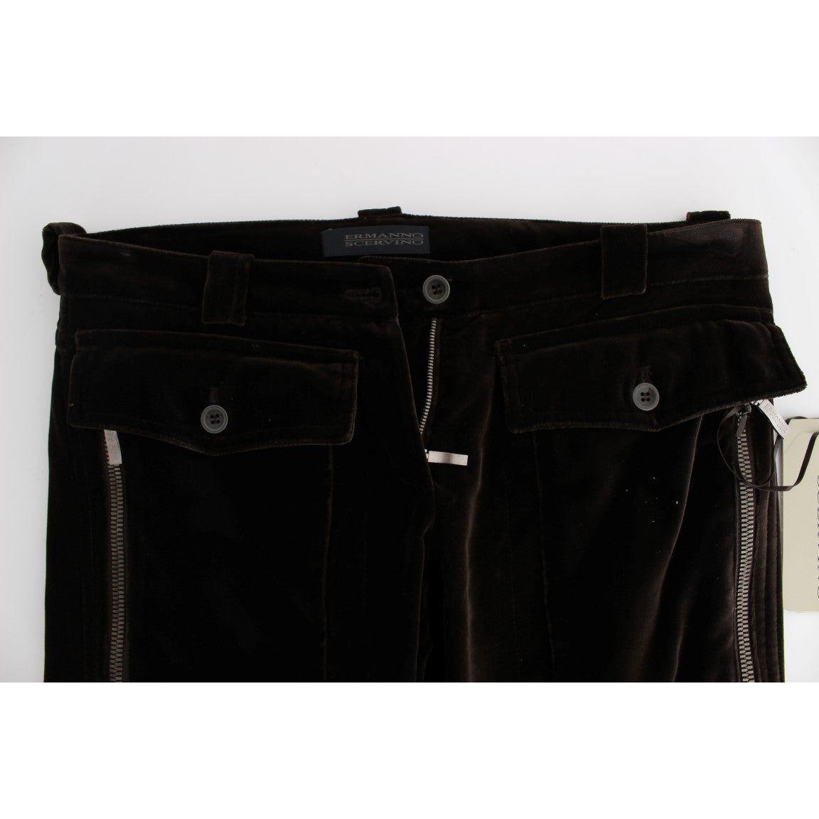 Ermanno Scervino Brown Cotton Velvet Zippers Slim Fit Pants