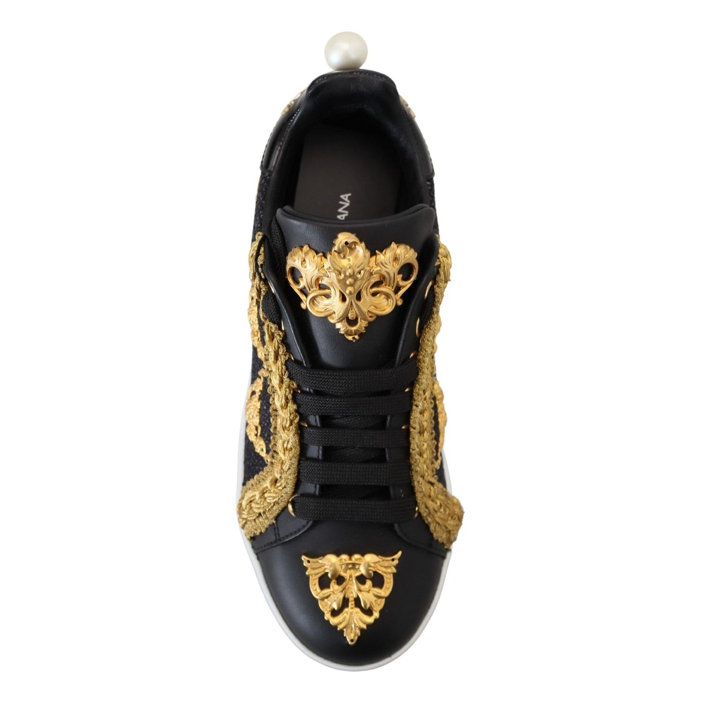 Dolce & Gabbana Black Gold Baroque Portofino Leather Sneakers Shoes